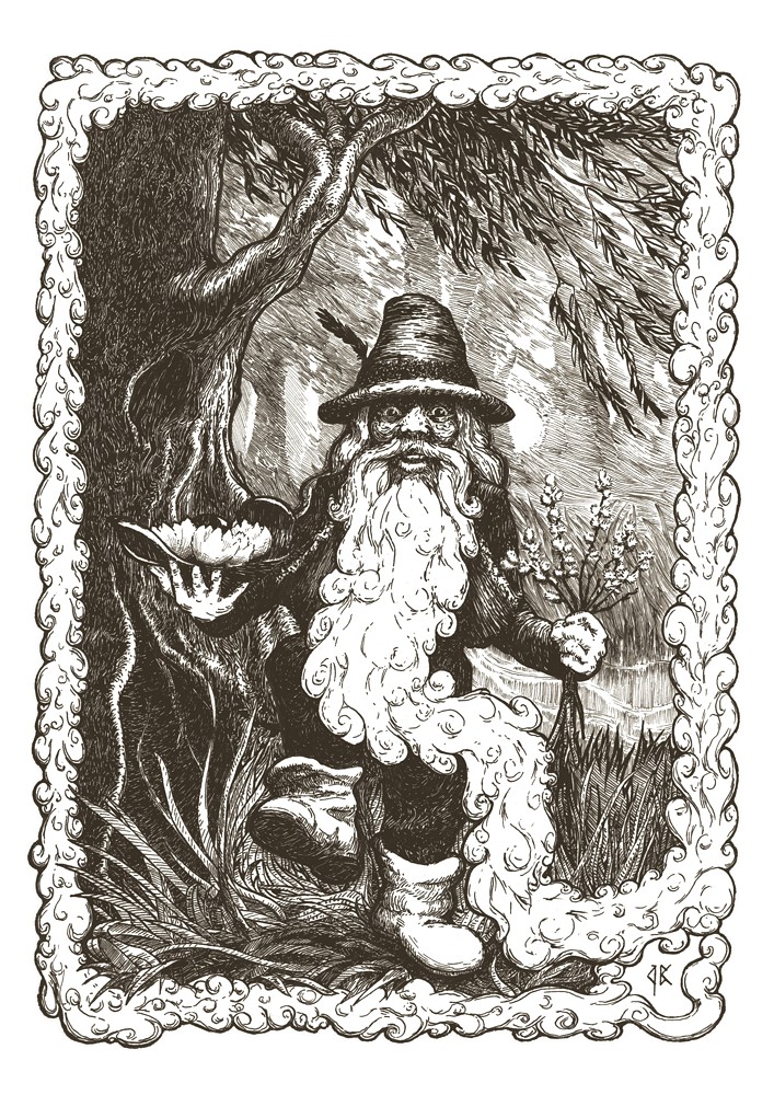 ink work, bearded figure wearing a hat and large boots carrying lily flowers in one hand and a base in the other, monochrome version
