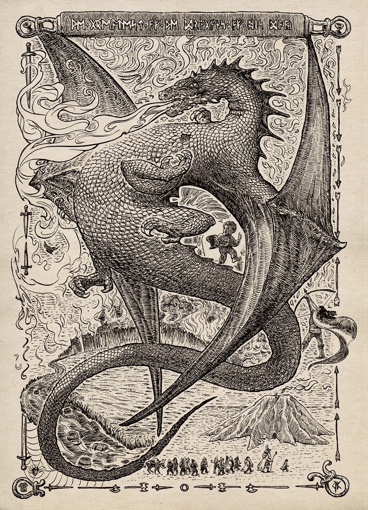 ink work, dragon Smaug, monochrome version