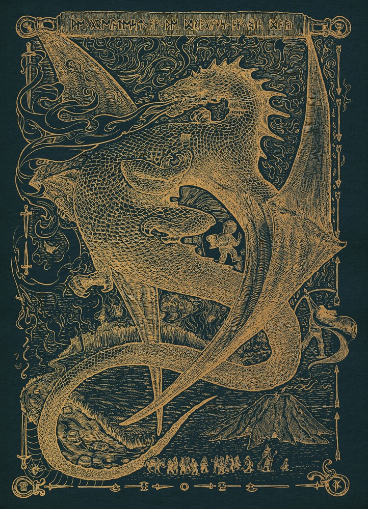 ink work, Smaug dragon, two-color gold version with blue background