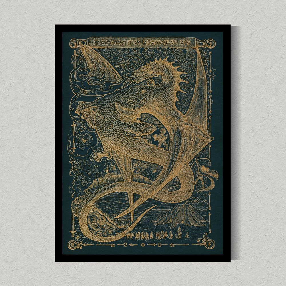 ink work, Smaug dragon, two-color gold version with blue background, visualization of the work in a frame on the wall