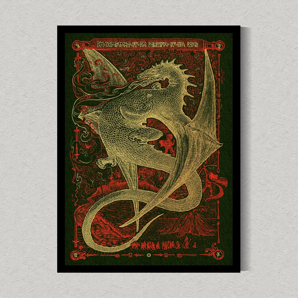 ink work, Smaug dragon, two-color version red and gold with green background, visualization of the work in a frame on the wall