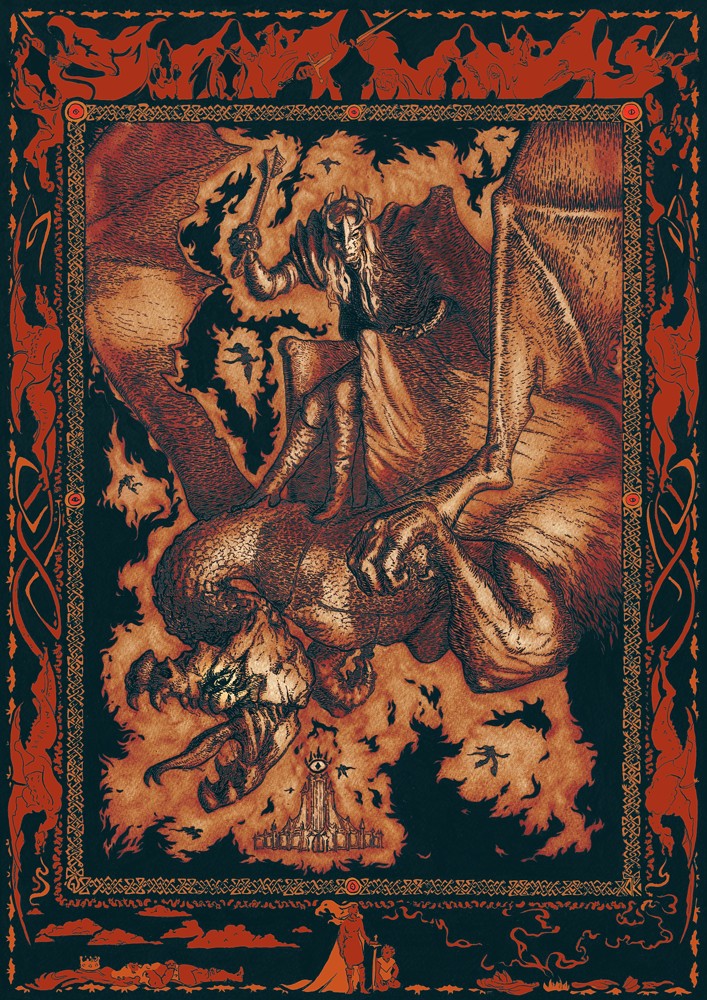 praca tuszem, Nazgul na latającym potworze podobnym do smoka, bogato zdobiona ramka, wersja kolorowa 2