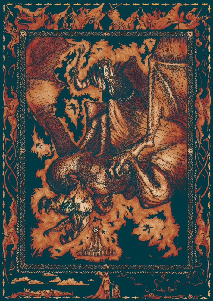 praca tuszem, Nazgul na latającym potworze podobnym do smoka, bogato zdobiona ramka, wersja kolorowa 3