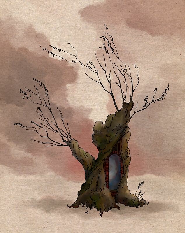 illustration showing an old willow tree with a walled-in portal