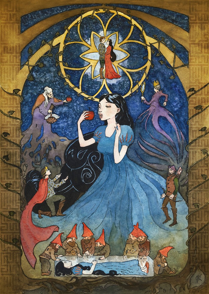color illustration, Snow White just before she bites the apple, other characters from the fairy tale visible around her, above and below her other stages of the story