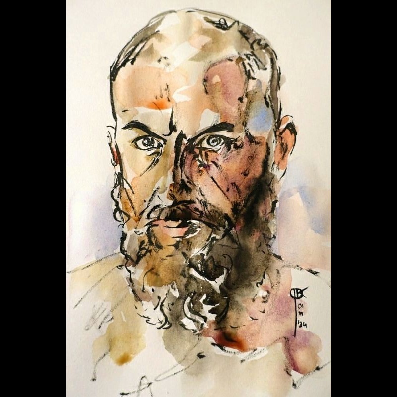 autoportret kolor, tusz i akwarela