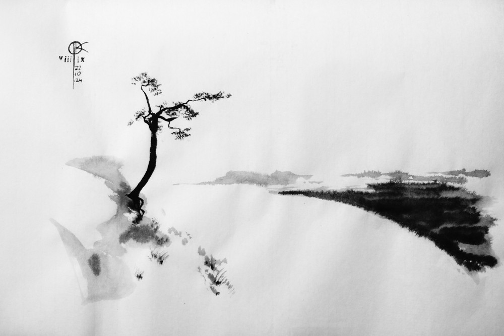 rysunek tuszem - plaża Bałtyku z sosną