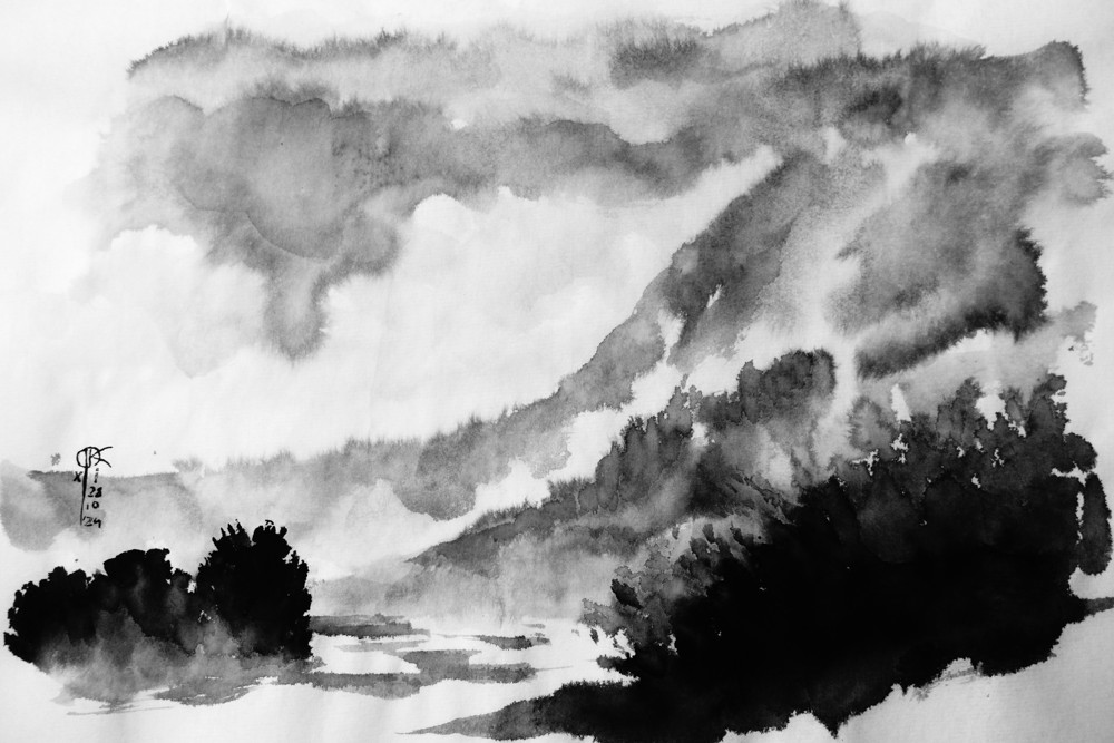 rysunek tuszem - krajobraz górski
